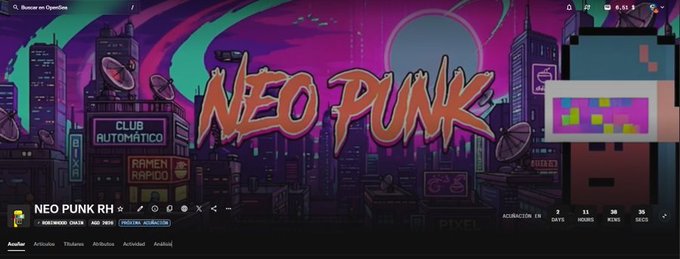 The image displays a colorful Neo Punk-themed NFT collection page on OpenSea, featuring vibrant neon cityscape artwork with signs reading "CLUB AUTOMATICO" and "RAMEN RAPIDO," showcasing an indie pixel character NFT alongside collection statistics showing 308 ETH volume, 11 owners, and 36 items.
