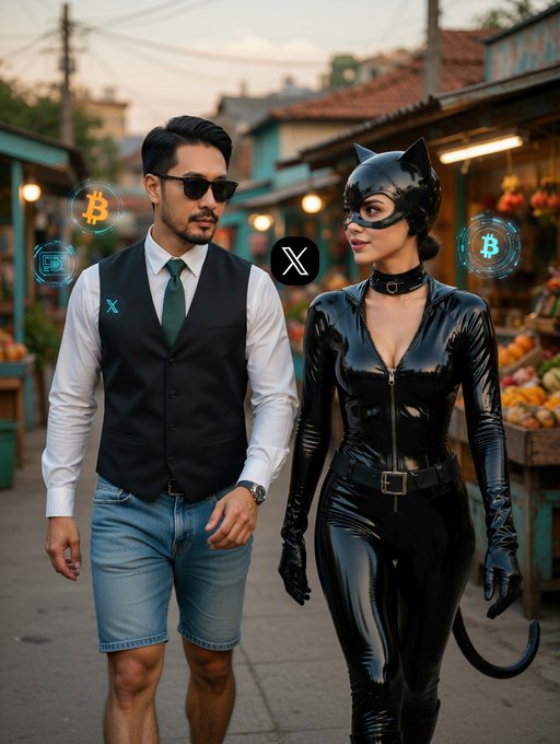 The image features a man wearing sunglasses, a black vest, and blue jeans walking down a street with a woman dressed in a cat suit. The background includes a fruit stand selling bananas and oranges. The caption of the image reads "GM @SPACEID Another beautiful morning to remember that Web3 is more than wallets and transactions. It'S about identity. It'S about reputation. It'S about owning your name across every chain. Human readable. Crosschain. Bullish on $ID $RIVER".