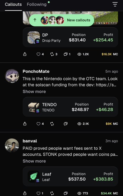 A cryptocurrency social feed called 'Callouts' displaying user posts about tokens including DP (Drop Party) showing profit +$254.45, TENDO with profit +$46.28, and Leaf with profit +$383.85, along with market cap figures.