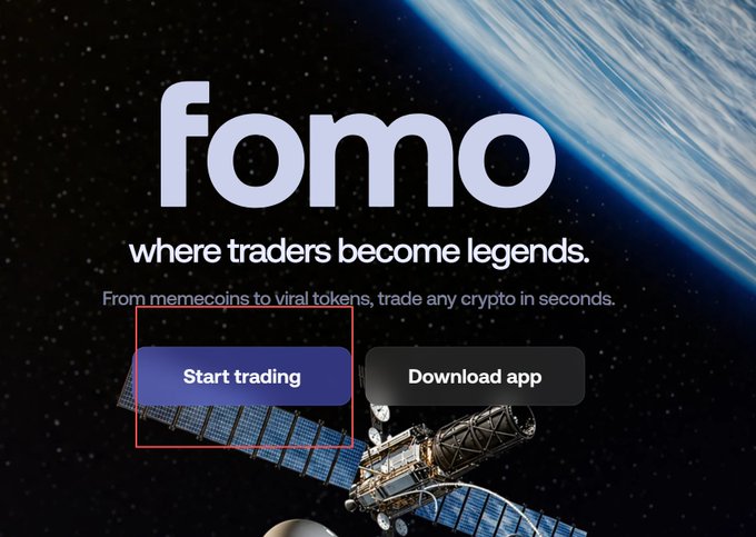 An advertisement for 'fomo' trading platform displays 'where traders become legends,' promoting 'Start trading' and 'Download app' buttons against a space backdrop.