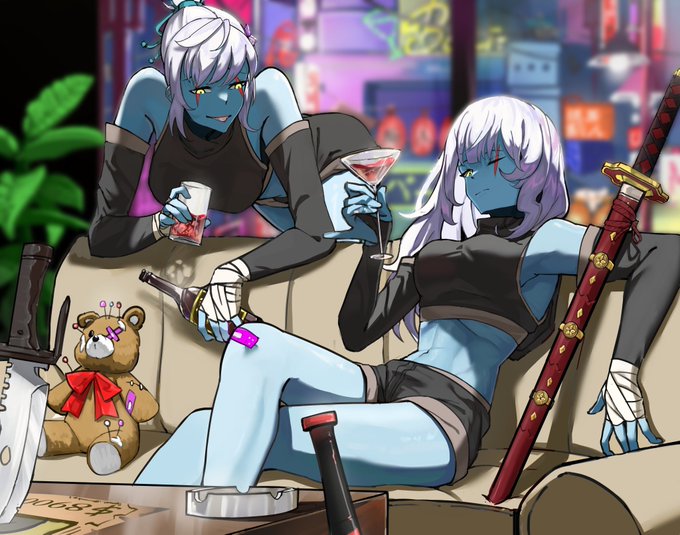 Anime-style illustration depicting two blue-skinned female characters with white hair sitting on a couch with weapons, drinks, and a teddy bear, in a neon-lit urban setting.