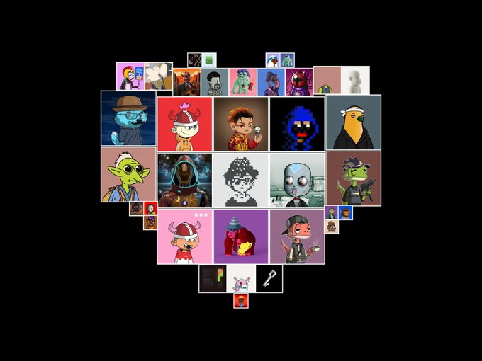 A heart-shaped arrangement of numerous small NFT-style avatar images in various cartoon and pixel art styles against a black background.