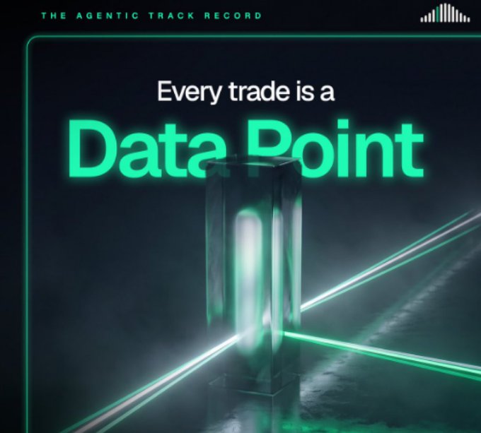 A dark promotional graphic with neon green accents reads 'THE AGENTIC TRACK RECORD' at the top and 'Every trade is a Data Point' in glowing text.