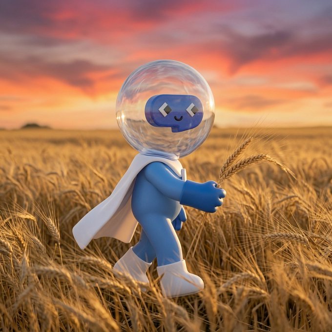 A 3D-rendered blue cartoon character with a transparent space helmet and white cape walks through a golden wheat field at sunset, holding a stalk of wheat.