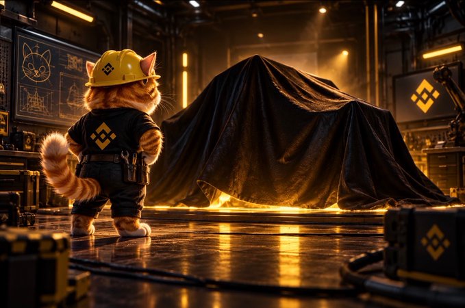A digital illustration of an orange cat wearing a yellow Binance hard hat and work clothes, standing before a large object draped in a black cloth with glowing golden edges.