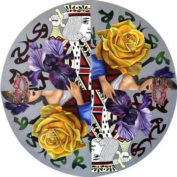 A circular decorative artwork combining playing card figures with vibrant yellow roses and purple irises against a gray patterned background.