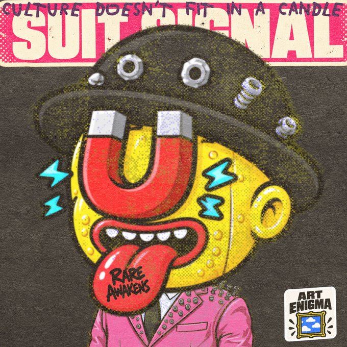 A colorful cartoon illustration features a yellow-faced character with a horseshoe magnet for a nose, red tongue reading "RARE AWAKENS," wearing a studded pink blazer and black hat, with the text "CULTURE DOESN'T FIT IN A CANDLE" and "SUIT THE MALL" at the top, alongside the "ART ENIGMA" logo.

The bold, defiant imagery and messaging about culture not fitting into a small "candle" mirrors the post's themes of not waiting passively for the NFT space to feel exciting again, but instead actively taking creative risks and building something fresh and bold.