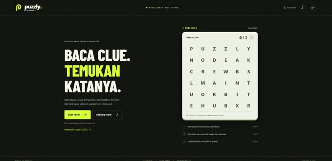 A website mockup for 'Puzzly' (Word Search Solver) with the Indonesian tagline 'BACA CLUE. TEMUKAN KATANYA.' next to a clean word search grid interface displaying the puzzle 'timmakan.'