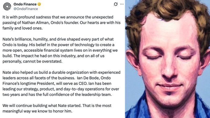 The image shows a post about a founder of ONDO Finance, which has been taken down by the company. The post includes a photo of a man's head with his eyes closed, along with a caption that reads "Temperature ONDO founder death. It's too absurd." This suggests that the post is related to the founder's passing and might be an attempt to draw attention or generate discussion around the topic.