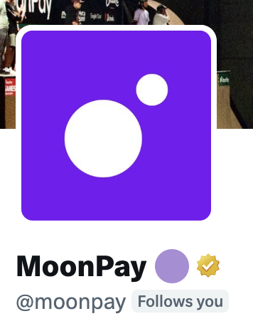 The image shows the MoonPay profile card featuring a purple gradient background with two white circles, the MoonPay logo. The caption reads "MoonPay @moonpay ✓ Follows you". It relates to the post "Nice" by prominently displaying MoonPay's branded profile against what appears to be a basketball-related background image.