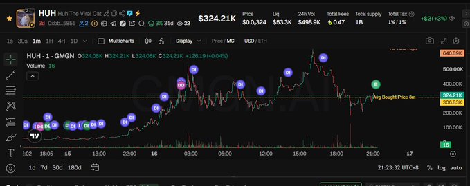 A DexScreener trading chart for the HUH token ("Huh The Viral Cat") showing a price of $324.21K with a 3% gain, displaying a candlestick chart with multiple numbered buy/sell transaction markers along the price action over a 24-hour period.