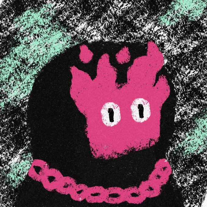 An illustration of a pink octopus-like creature wearing a pink chain necklace, set against a textured black background with mint green accents.