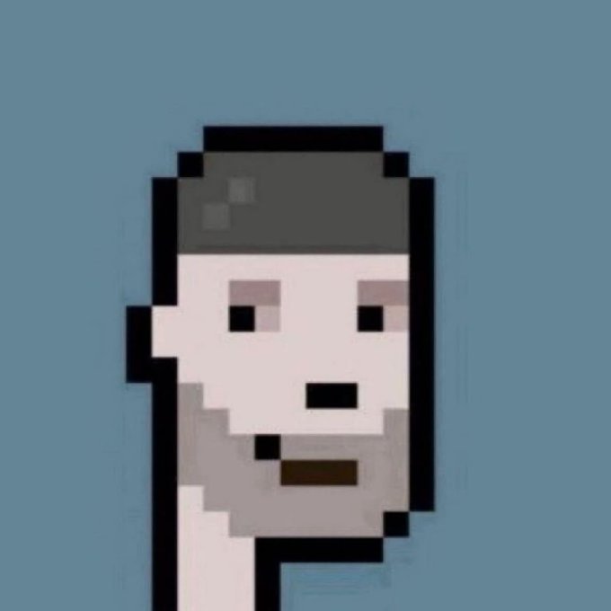 A pixel art portrait of a bearded man with a gray beanie against a blue background, presented in a classic 8-bit style. The minimalist, blocky character design gives off a retro video game vibe that complements the "GM CT" (good morning crypto Twitter) greeting.