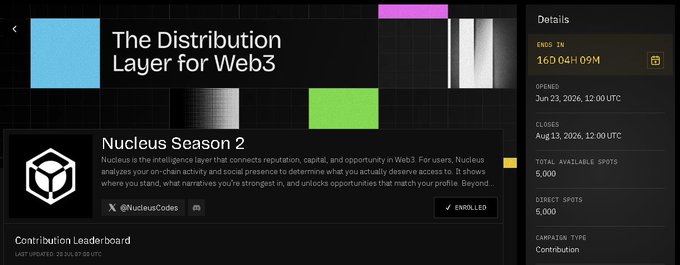 A webpage for 'The Distribution Layer for Web3' featuring 'Nucleus Season 2,' opening Jun 23, 2026, with 5,000 direct spots available, focused on reputation, capital, and opportunity in Web3.