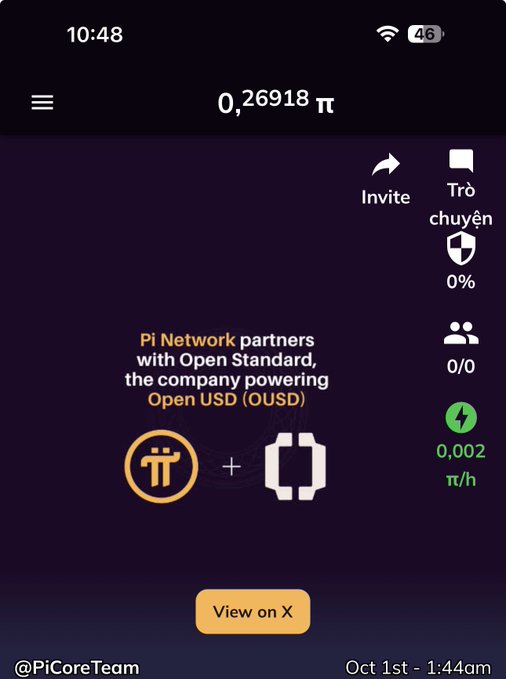 A mobile screenshot of the Pi Network app displays a balance of 0.26918 π and notes that Pi Network partners with Open Standard, powered by Open USD (OUSD), posted by @PiCoreTeam on Oct 1st at 1:44am.