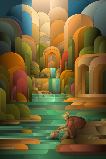 A digital artwork depicting a stylized, abstract landscape of colorful, curved geometric shapes and a body of water where a small figure leans over to pour something from a vessel.