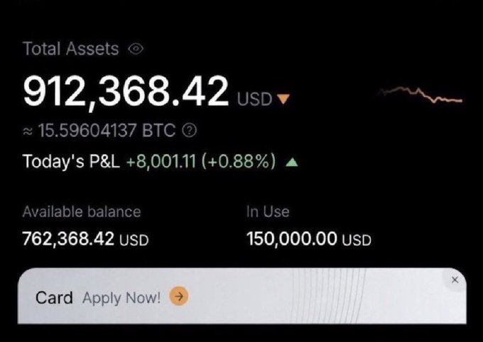 The image shows a crypto portfolio dashboard displaying total assets of 912,368.42 USD (≈15.596 BTC), with today's P&L of +8,001.11 (+0.88%), available balance of 762,368.42 USD, and 150,000.00 USD in use. The post's claim that "meme coins changed my life" is contradicted by the steady, modest gains and lack of any meme coin references shown in this portfolio screenshot, which appears to depict generic trading returns rather than 1000x meme coin alpha.