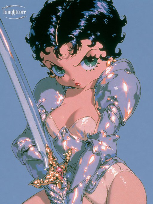 An anime-style illustration by 'knightcore' showing a character with short black curly hair and large green eyes wearing shiny metallic armor and holding a sword with a golden hilt.
