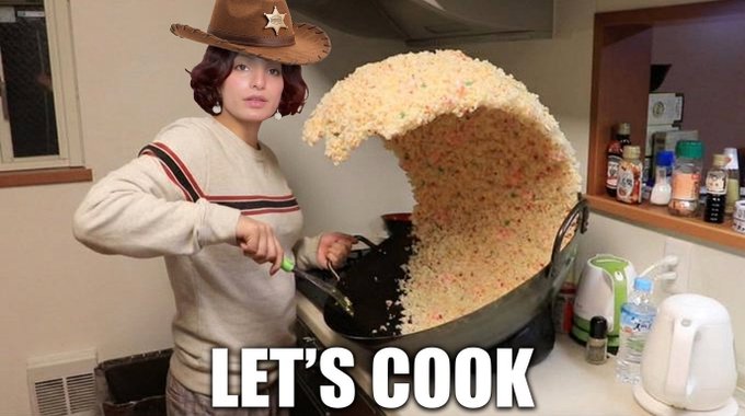 A woman wearing a cowboy hat stands in a kitchen lifting what appears to be a massive mound of fried rice out of a pan, with bold text reading "LET'S COOK" overlaid at the bottom. The image uses the playful cooking metaphor to promote the Beldex Coin loyalty program, encouraging viewers to "cook up" crypto gains by participating in their token generation event.