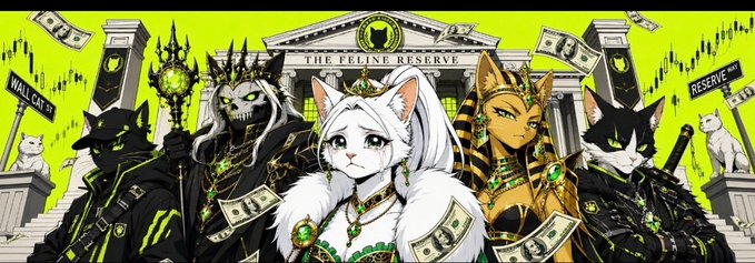 An anime-style illustration depicting anthropomorphic cats in elaborate costumes at 'The Feline Reserve' with money floating around them.