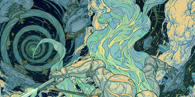 A detailed fantasy illustration of an armored knight wielding a sword, set against a dynamic background of swirling teal and gold cosmic patterns.