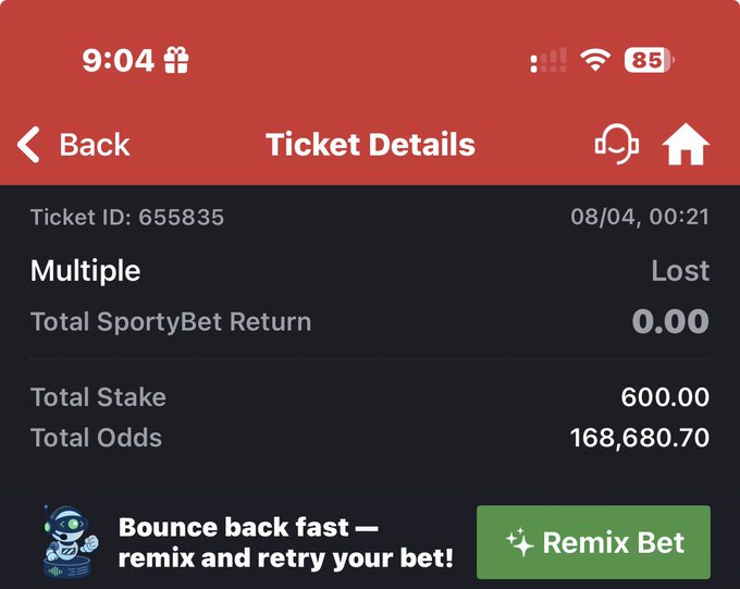 A betting app screenshot displays a lost "Multiple" ticket (ID: 655835) dated 08/04 at 00:21, showing a 600.00 total stake, 0.00 return, and total odds of 168,680.70. The image directly illustrates the user's post, confirming the enormous 168,680 odds that resulted in a loss on their bet.