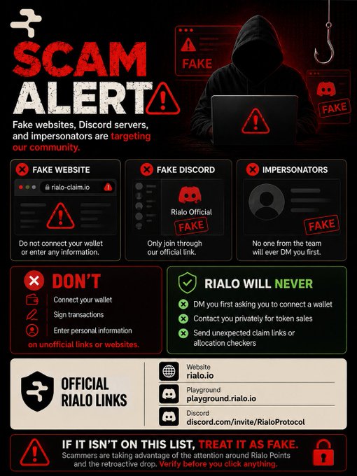 A red and black 'SCAM ALERT' infographic warning about fake RIALO websites, Discord servers, and impersonators, listing official links at rialo.io.