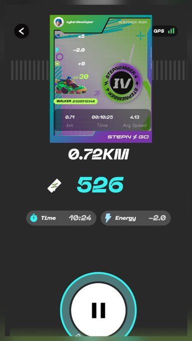 STEPN GO workout tracking screen for cyberdexasper showing 0.72 km distance, 526 steps, 10:24 time, and -2.0 energy used, with a pause button below.