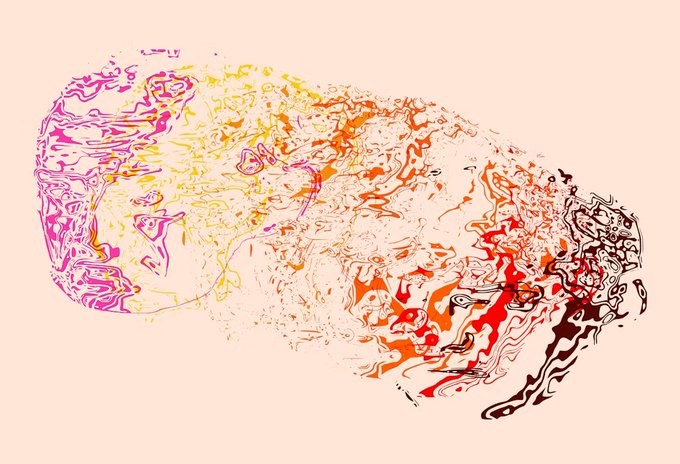 An abstract digital illustration featuring flowing, liquid-like patterns in vibrant shades of pink, orange, yellow, and red on a cream background.