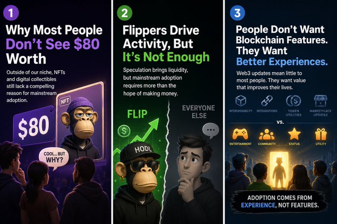 The image shows three different posters for NFTs or non-fungible tokens, each featuring cartoon characters that are either wearing glasses or hats. The first poster has a man with a hat and another man with glasses, while the second poster features two men in suits - one wearing a hat and the other not. The third poster shows three cartoon characters: one wearing a hat and the other two wearing glasses. Each poster includes text that explains what NFTs are and why people might be interested in them.