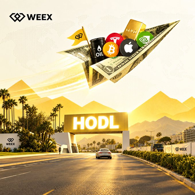 A promotional WEEX advertisement featuring a paper airplane carrying assets like oil, Bitcoin, Tesla, Apple, and gold flying over a desert highway leading to a glowing 'HODL' gateway.