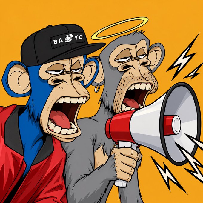 A cartoon illustration depicts two Bored Ape-style monkeys, one blue wearing a "BAYC" cap and one grey with a halo, both yelling while the grey one holds a megaphone emitting lightning bolts.