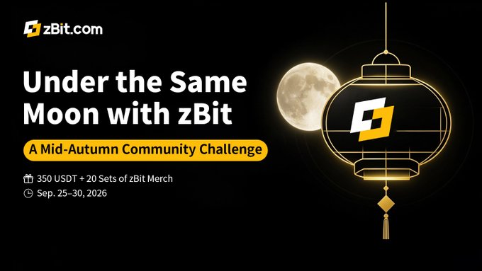 A promotional graphic for zBit.com's "Under the Same Moon with zBit" Mid-Autumn Community Challenge, featuring a real full moon photo alongside a glowing traditional Chinese lantern with the zBit logo. The banner announces a prize pool of 350 USDT plus 20 sets of zBit merchandise, running from September 25-30, 2026, inviting participants to share photos of the real full moon with the zBit logo to celebrate the festival together.