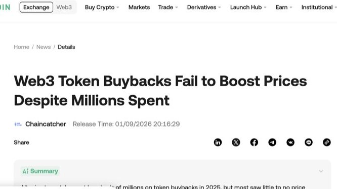 The image shows a screenshot of a news website, likely the Exchange or Web3 sites, displaying an article about tokens being used as a means of exchange for goods and services with a headline stating "WeB3 tokens buybacks fail to boost prices despite millions spent". The focus on this content suggests that there is some discussion or information related to token trading. It could be about fluctuations in token values, market trends, or the effectiveness of token purchases.