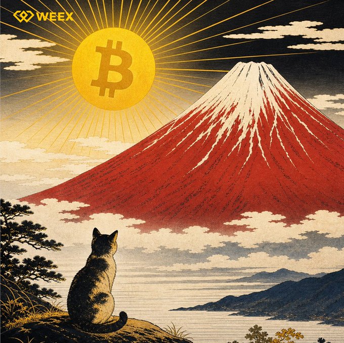 A tabby cat gazes across water toward a red-capped Mount Fuji beneath a radiant sun emblazoned with the Bitcoin ₿ symbol, with "WEEEX" logo in the top-left corner—evoking the post's "₿ELIEVE in" message by fusing faith and the iconic crypto currency.