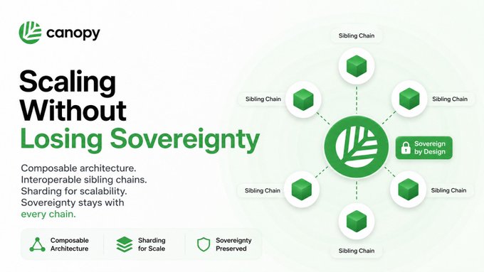 A promotional graphic for Canopy titled 'Scaling Without Losing Sovereignty' highlighting composable architecture, interoperable sibling chains, sharding for scalability, and sovereignty preserved by design, featuring a central logo connected to multiple green cube nodes labeled 'Sibling Chain'.