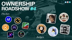 A promotional graphic for 'OWNERSHIP ROADSHOW #4' featuring a lineup of 'Pitches' with logos and 'Judges' with headshots displayed against a dark background.