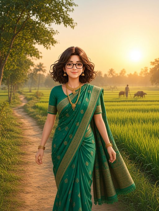 An illustrated portrait of a woman wearing glasses and an emerald green sari with gold jewelry, walking through a sunlit rice paddy at sunset.