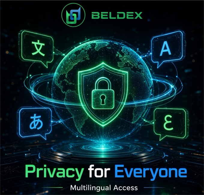 A digital advertisement featuring a globe with a padlock shield, the 'BELDEX' logo, and the text 'Privacy for Everyone' and 'Multilingual Access' alongside various language speech bubbles.