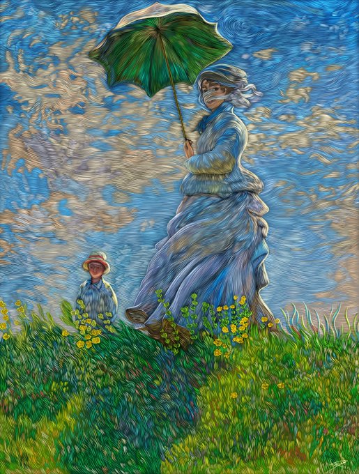 A stylized, post-impressionist painting depicts a woman holding a green parasol and a child in a field of yellow flowers against a swirling sky.