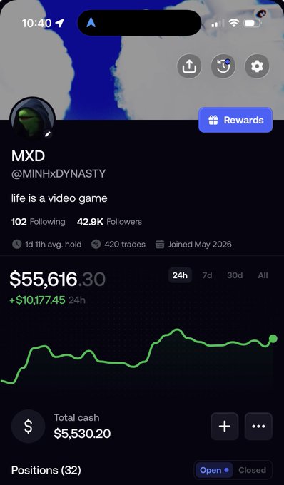 A mobile screenshot of a user profile on the Fomo trading platform, showing the account "MXD" (@MINHxDYNASTY) with a portfolio value of $55,616.30 (up $10,177.45 in 24h), 42.9K followers, and total cash of $5,530.20 across 32 open positions. The image illustrates the author's point by demonstrating the transparent, timestamped trade history and on-chain linked data available on Fomo, contrasting with the potential for misquoted context on Twitter.