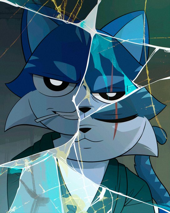 An illustration of a blue anthropomorphic fox-like character with a scar over one eye, depicted through cracked glass with gold accents.