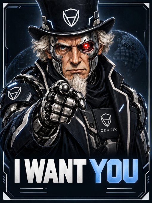 A digital illustration of a cyborg-like figure in a top hat pointing forward, with the text 'I WANT YOU' and the 'CERTIK' logo.
