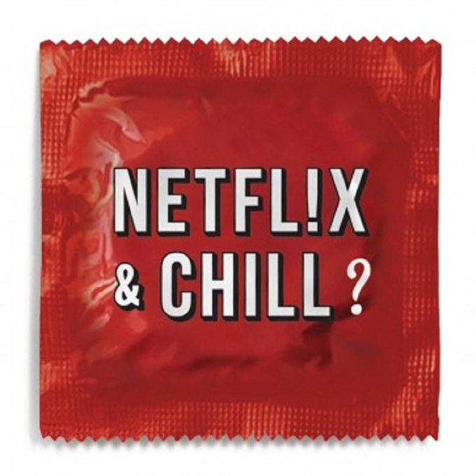 This image shows a condom wrapper with the text "NETFLIX & CHILL?". The post announces a new tech collaboration between @TheIndexFi and @ponsdotfamily, launching "CHILL" which allows holders to earn NFLX.