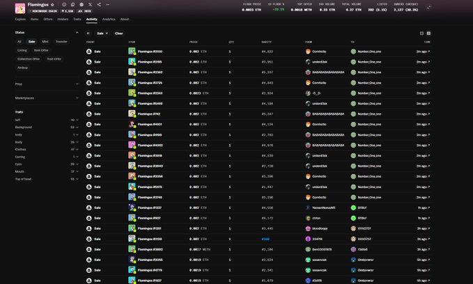 A screenshot of a cryptocurrency NFT trading interface showing Flamingo collection items with various prices and Ethereum values.