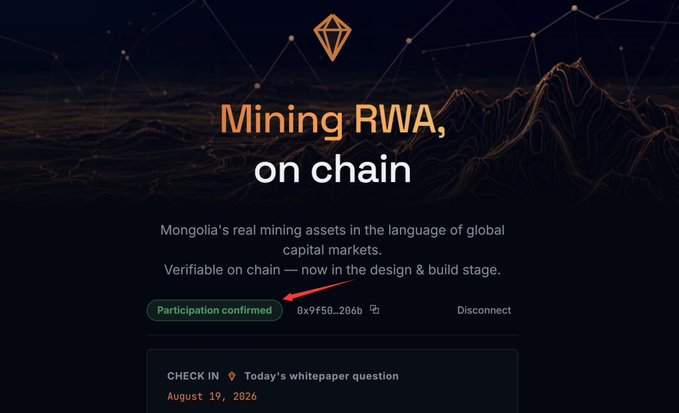The image displays the "Mining RWA, on chain" platform landing page for Global MPC, with a "Participation confirmed" button highlighted by a red arrow showing wallet address 0x9f50...206b, alongside a "CHECK IN" feature for "Today's whitepaper question" dated August 19, 2026. This aligns with the accompanying post announcing MPC's potential airdrop with point/token rewards, where users connect their MetaMask wallet, mint an SBT, and complete daily tasks on app.globalmpc.tech to qualify.