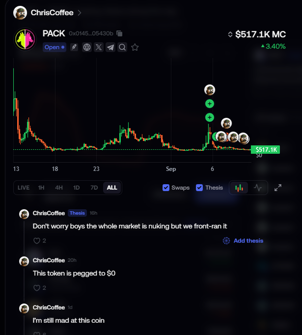 A mobile screenshot from user ChrisCoffee showing a trading chart for token PACK at $517.1K MC (+3.40%), with commentary posts reading 'Don't worry boys the whole market is nuking but we front-ran it', 'This token is pegged to $0', and 'I'm still mad at this coin'.