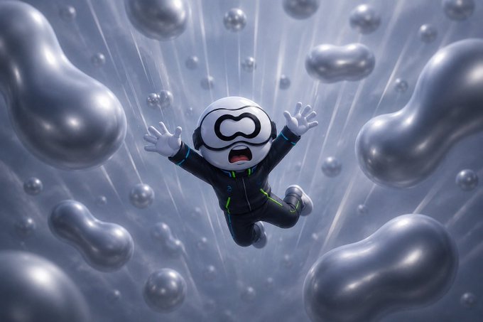 A cartoonish astronaut or diver in a black suit and clear goggles appears to be falling or swimming through a surreal environment of floating, shiny silver blobs.
