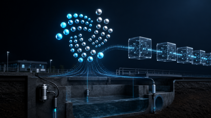 Digital illustration of a water treatment facility with blue glowing spheres and blockchain-style cubes connected by light streams above concrete tanks.