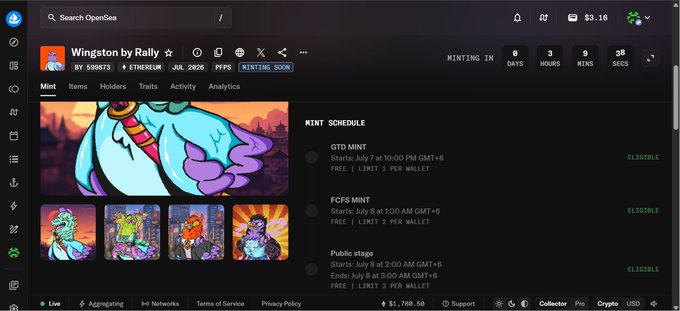An OpenSea NFT marketplace page for 'Wingston by Rally' showing a minting countdown of 5 days, 9 hours, and 35 seconds remaining, with the ETH price at $3,780.50 and a mint schedule listing GTD, FCFS, and Public stage times starting July 7-8, 2026.